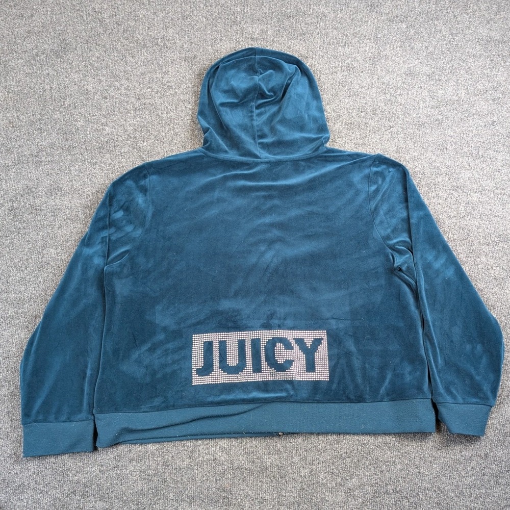 Juicy Couture XXL Teal Blue Velour Rhinestone Logo Zip Up Hoodie Y2K Bling